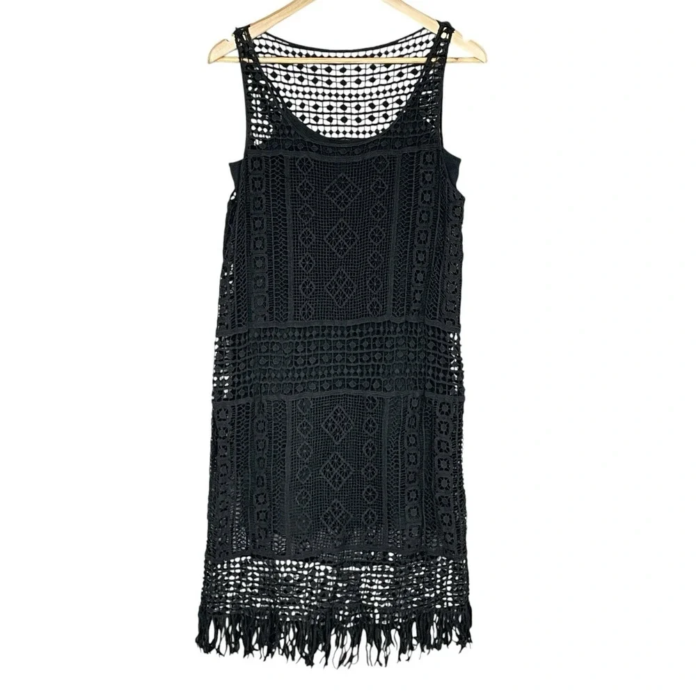 Lauren Ralph Lauren Boho Crochet Knit Fringe Dress Sz M Lace Festival Cover Up - Picture 1 of 9